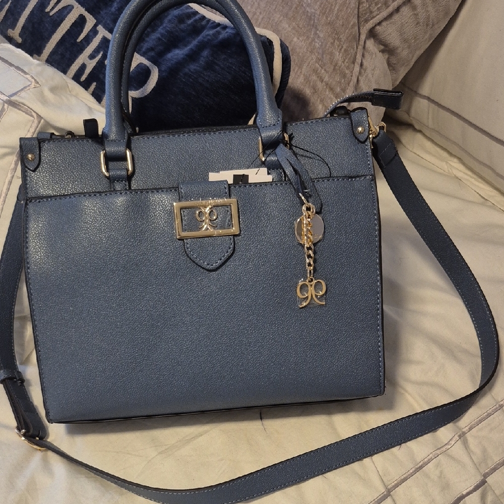 Nine West Dusty Blue Structured Satchel with Gold Accents